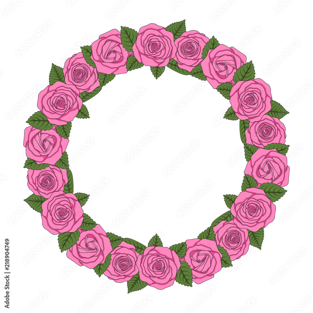 Colored illustration of a round wreath of pink roses. Isolated vector object on white background.