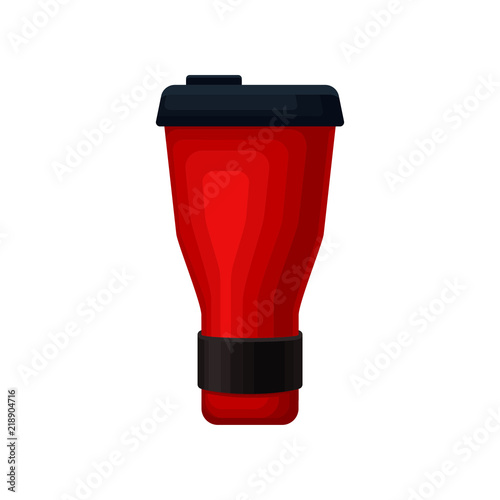 Flat vector icon of red aluminum thermo mug. Vacuum cup with plastic lid for hot beverages. Container for tea or coffee
