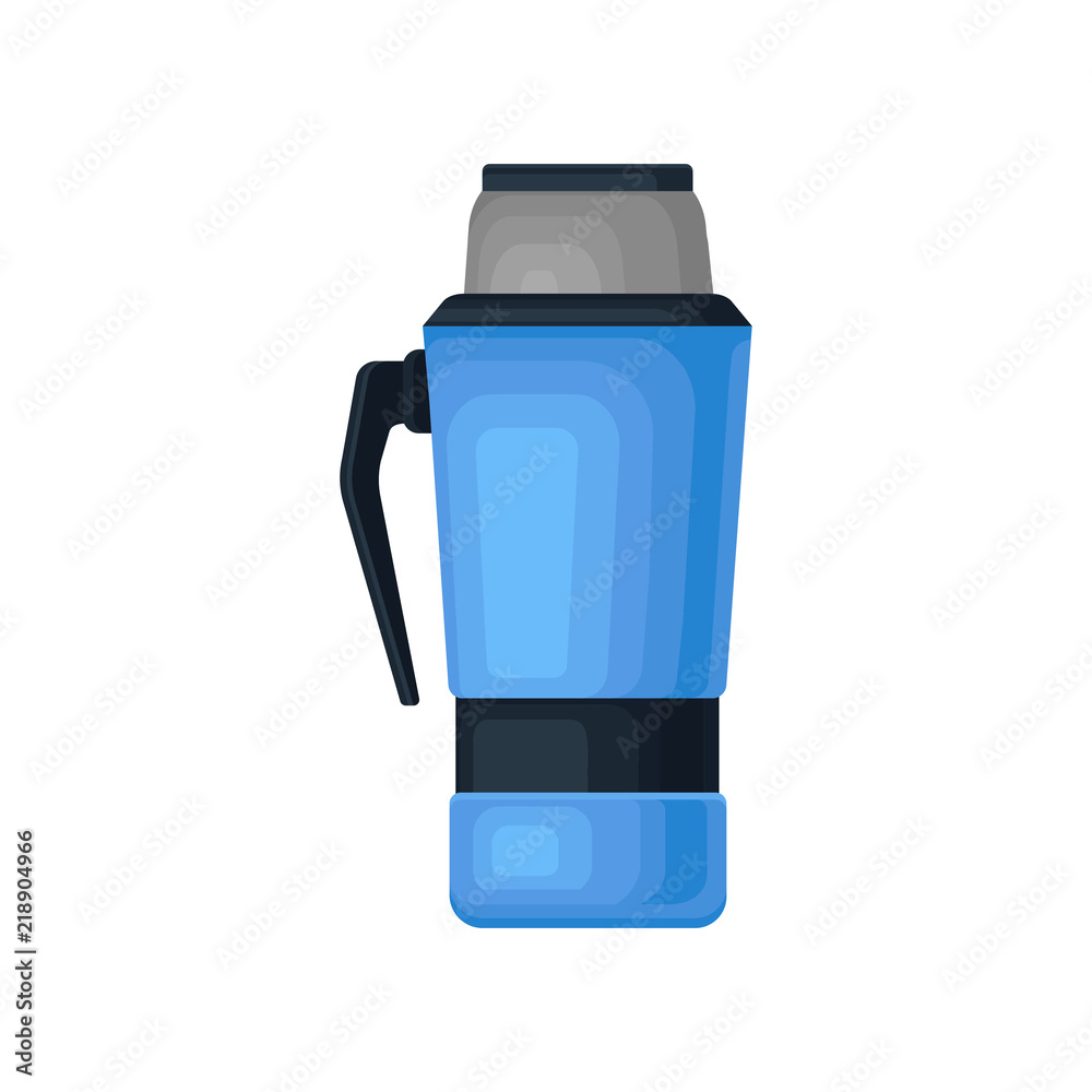 Big blue thermos with black handle. Aluminum vacuum flask for hot beverages. Container for hot drinks. Flat vector icon Big blue thermos with black handle. Aluminum vacuum flask for hot beverages. Container for hot drinks. Flat vector icon