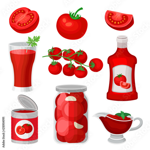 Flat vector set of tomato food and drinks. Healthy juice, ketchup and sauce, canned products. Natural and tasty products