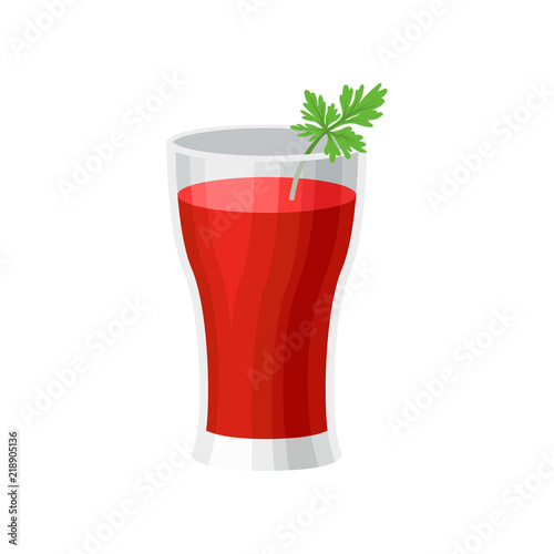 Glass of delicious tomato juice with leaf of green parsley. Tasty beverage made of fresh vegetable. Healthy drink. Flat vector icon