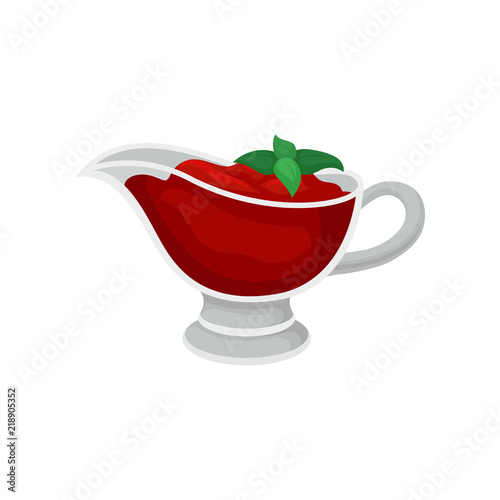 Tomato sauce in glass gravy boat with green basil leaves. Spicy liquid condiment for dishes. Flat vector icon
