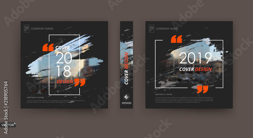 Abstract patch brochure cover design. Black info data banner frame. Techno title sheet model set. Modern vector front page art. Urban city blurb texture. Orange citation figure icon. Ad flyer text