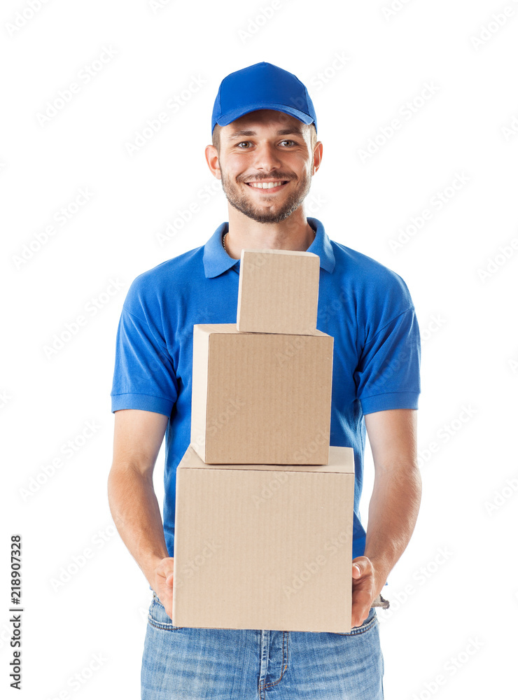 Smiling courier delivering parcels Smiling courier delivering parcels