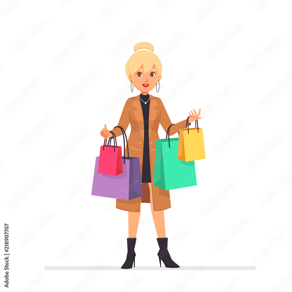 Beautiful blonde girl with shopping bags cartoon character vector illustration Beautiful blonde girl with shopping bags cartoon character vector illustration
