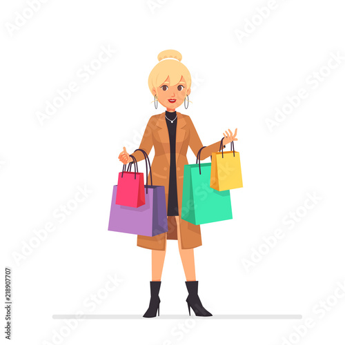 Beautiful blonde girl with shopping bags cartoon character vector illustration
