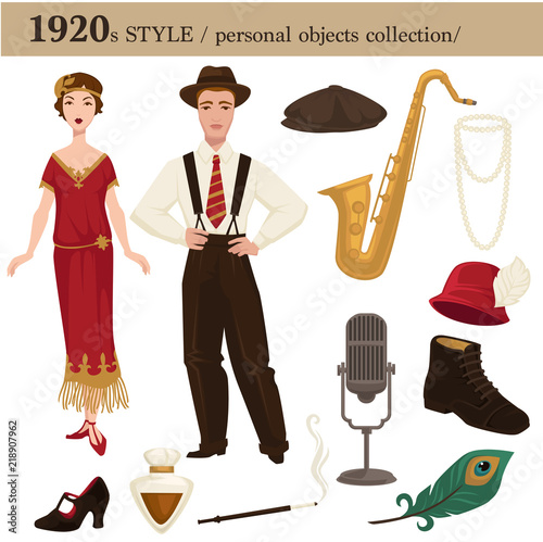 1920 fashion style man and woman personal objects