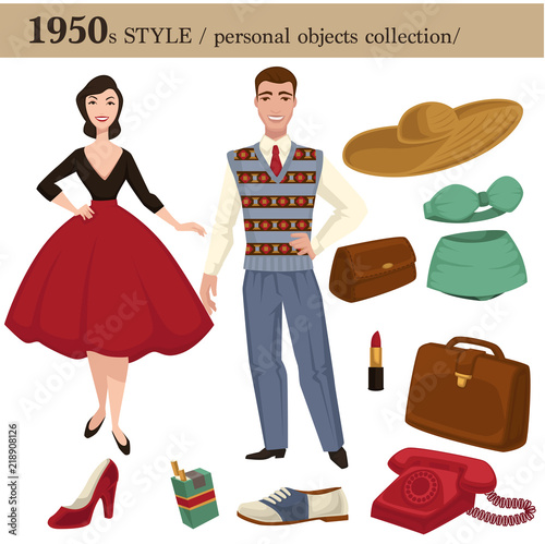 1950 fashion style man and woman personal objects