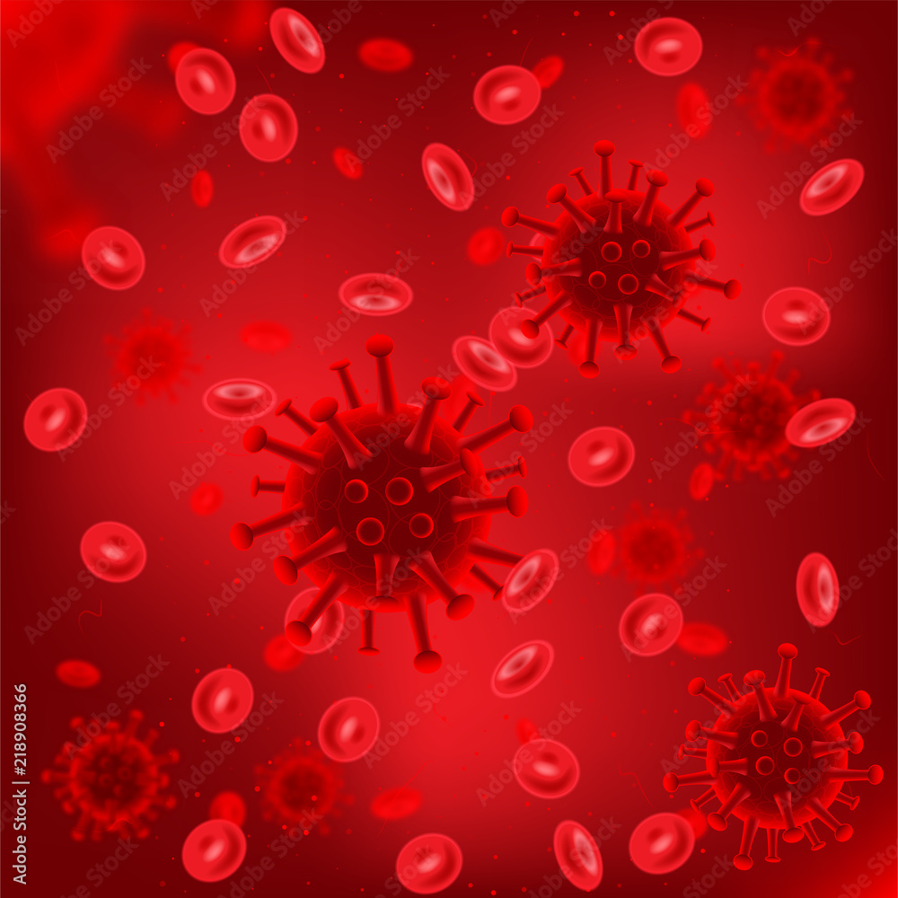 Viruses in blood red background. Vector medicine illustration.