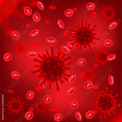 Viruses in blood red background. Vector medicine illustration.