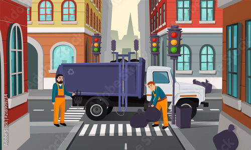 Vector cartoon illustration of city crossroad with traffic lights, garbage truck and workers pick up black rubbish bags for recycling. Service for cleaning streets and removal urban refuse
