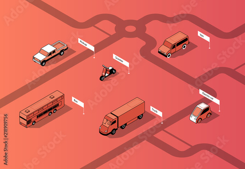 Vector set of isometric urban transportation on road. Cars with shadows on route, isolated on red background. Automobiles - bus, truck and others. City vehicles collection.