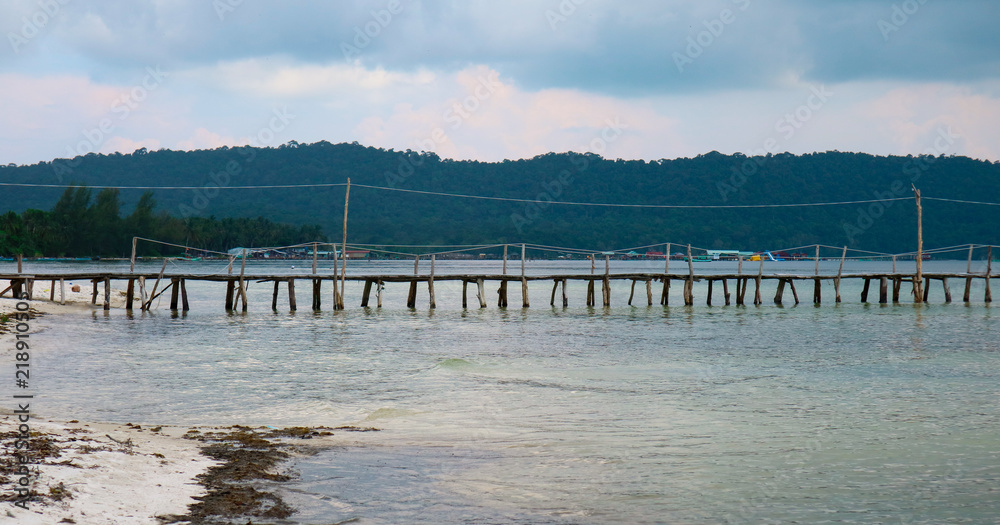 Bridge in fishers countryside with beautiful view on turquoise sea, blue sky and mountain view in Phu Quoc, Vietnam
