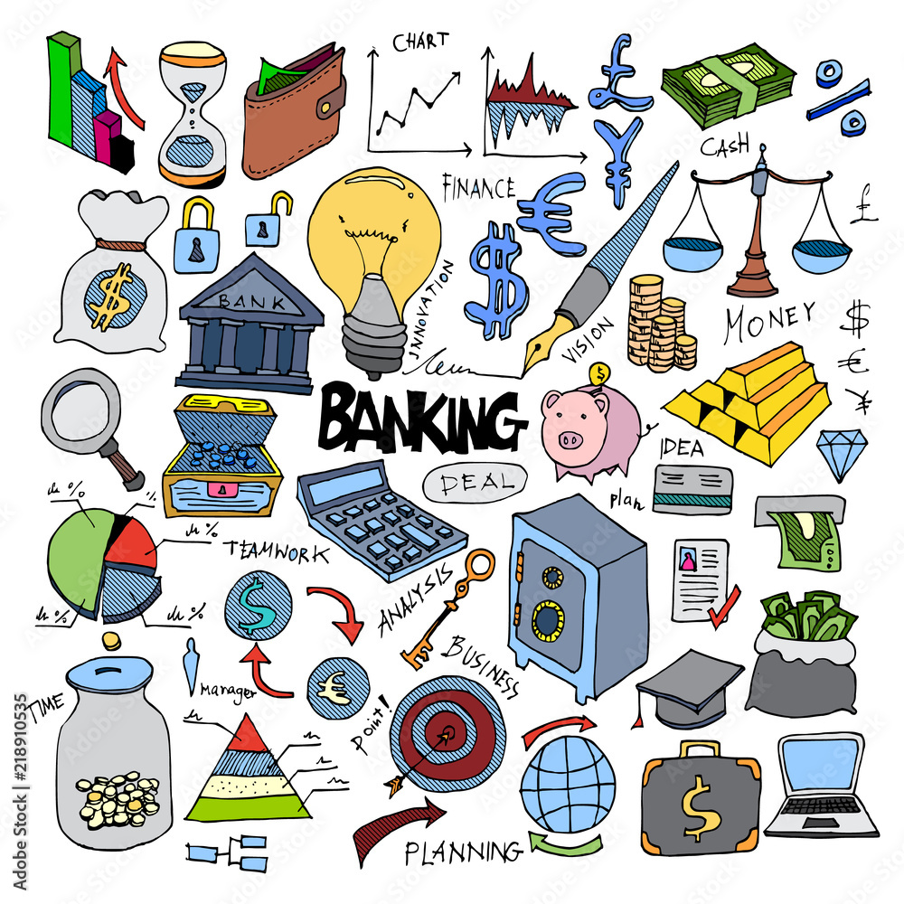 Set of Bank doodle vector. Creative colour art hand draw illustration on white eps10 Set of Bank doodle vector. Creative colour art hand draw illustration on white eps10