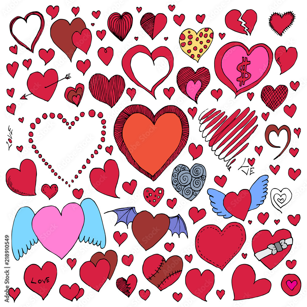 Set of Heart doodle vector. Creative colour art hand draw illustration on white eps10 Set of Heart doodle vector. Creative colour art hand draw illustration on white eps10