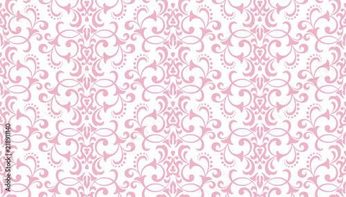 Wallpaper in the style of Baroque. Seamless vector background. White and pink floral ornament. Graphic pattern for fabric, wallpaper, packaging. Ornate Damask flower ornament