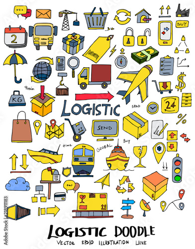 Set of logistic doodle vector. Creative colour art hand draw illustration on white eps10