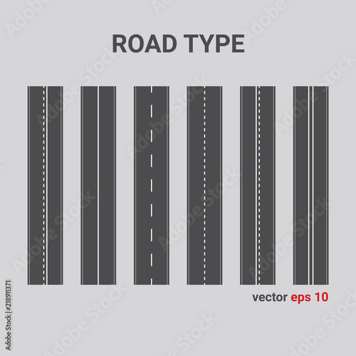 Vector road type. Set of different road marking. vertical straight asphalt roads.