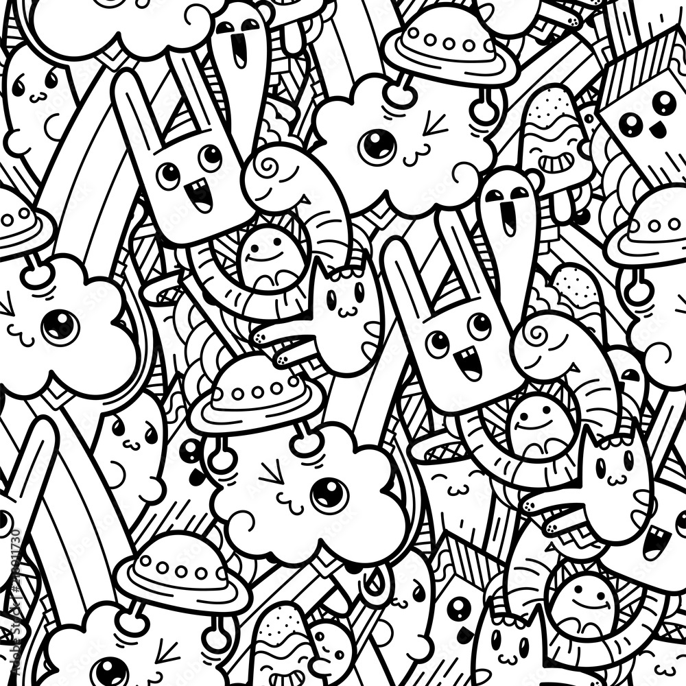 Funny doodle monsters seamless pattern for prints, designs and coloring books Funny doodle monsters seamless pattern for prints, designs and coloring books