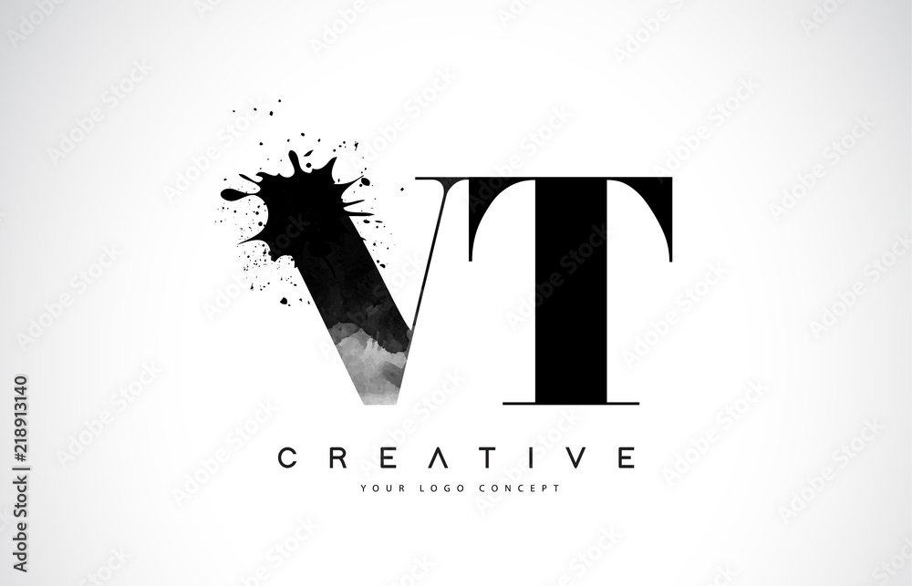 VT V T Letter Logo Design with Black Ink Watercolor Splash Spill Vector. VT V T Letter Logo Design with Black Ink Watercolor Splash Spill Vector.