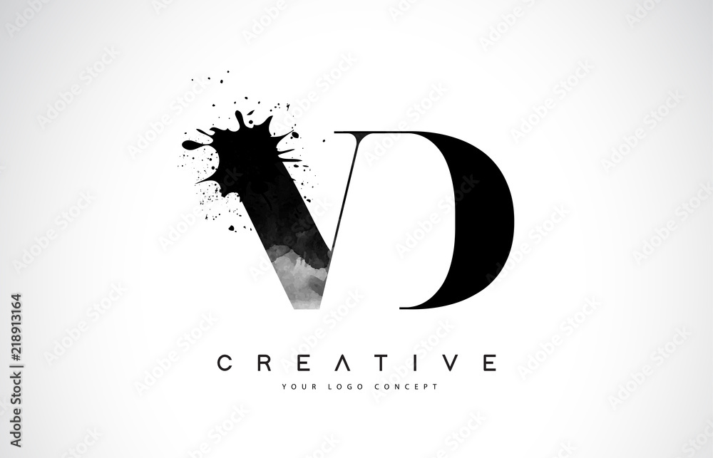 VD V D Letter Logo Design with Black Ink Watercolor Splash Spill Vector ...