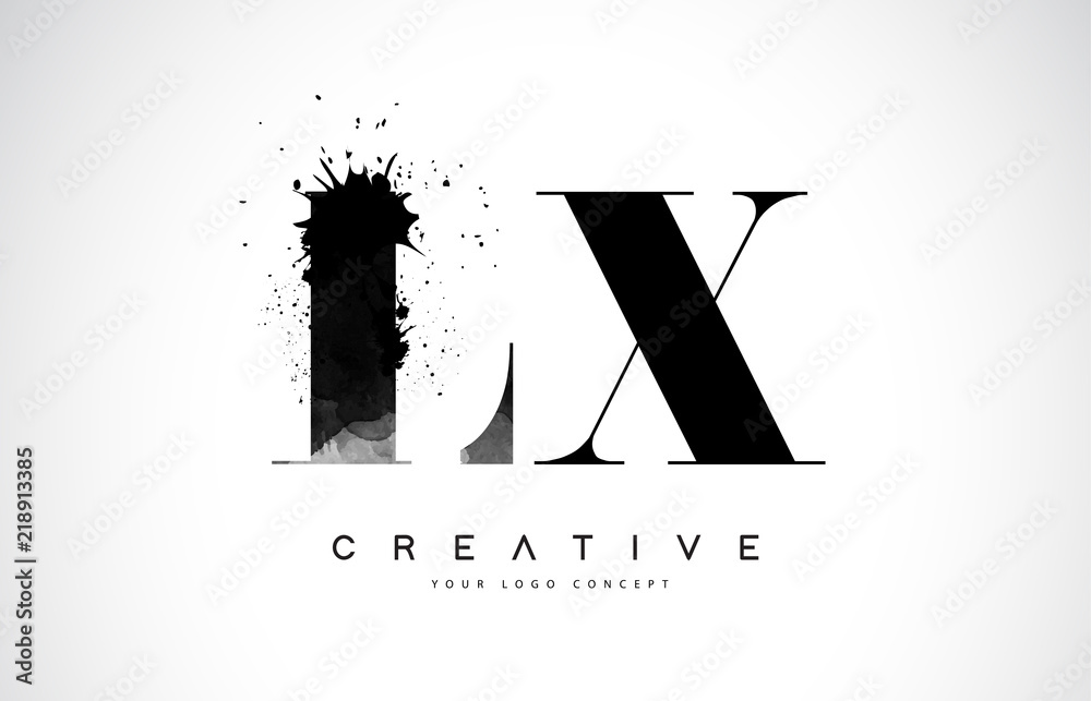 LX L X Letter Logo Design with Black Ink Watercolor Splash Spill Vector. LX L X Letter Logo Design with Black Ink Watercolor Splash Spill Vector.
