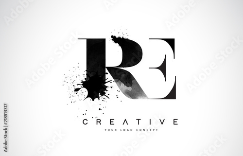 RE R E Letter Logo Design with Black Ink Watercolor Splash Spill Vector. photo