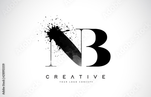 NB N B Letter Logo Design with Black Ink Watercolor Splash Spill Vector.