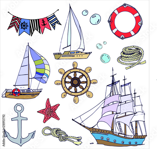 vector drawings about the sea, ships, ropes, anchor, flags and other
