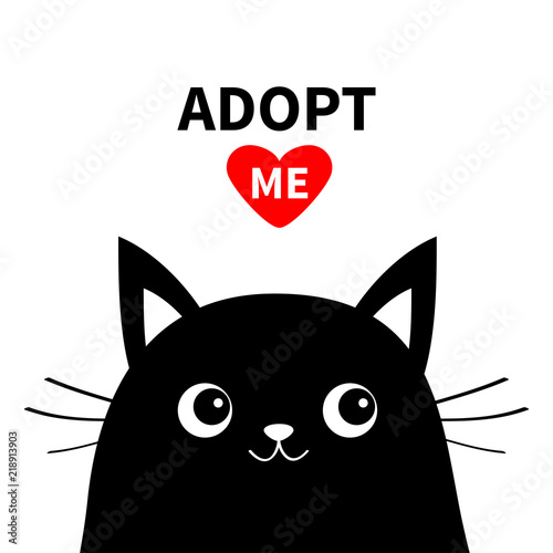 Adopt me. Dont buy. Black cat face silhouette. Red heart. Pet adoption. Kawaii animal. Cute cartoon kitty character. Funny baby kitten. Help homeless animal Flat design. White background Isolated.