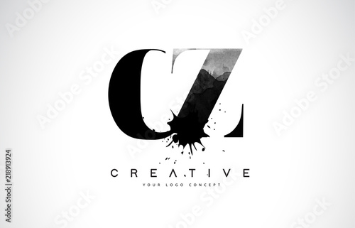 CZ C Z Letter Logo Design with Black Ink Watercolor Splash Spill Vector.