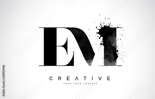 EM E M Letter Logo Design with Black Ink Watercolor Splash Spill Vector.