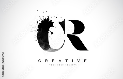 CR C R Letter Logo Design with Black Ink Watercolor Splash Spill Vector.
