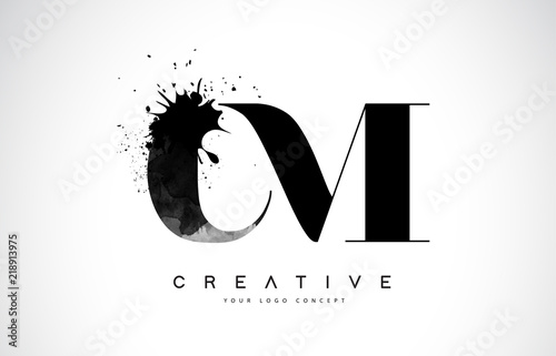 CM C M Letter Logo Design with Black Ink Watercolor Splash Spill Vector.