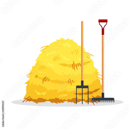 Bale of hay isolated on white background. Flat dried haystack with forks and rake, farming haymow bale hayloft, agricultural rural haycock - vector illustration