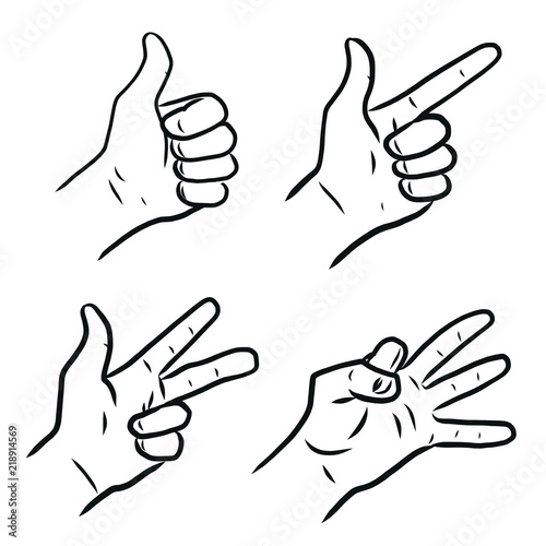 Set of man hands showing different signs, success, pointing, like, dislike, stop. Hand drawn vector doodle cartoon Illustration