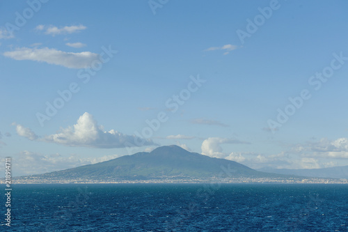 Panoramic view of the sea and the volcano Vesuvius from Sorrento, Italy. Travel destination