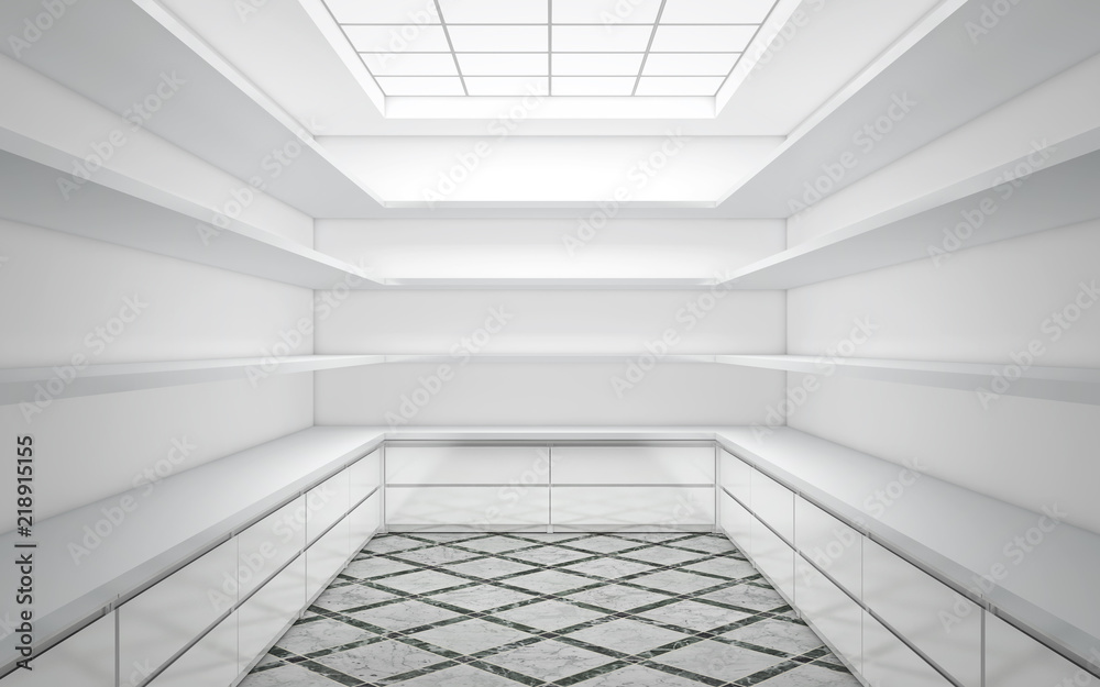Obraz premium Large bright wardrobe room with empty shelves. 3d rendering