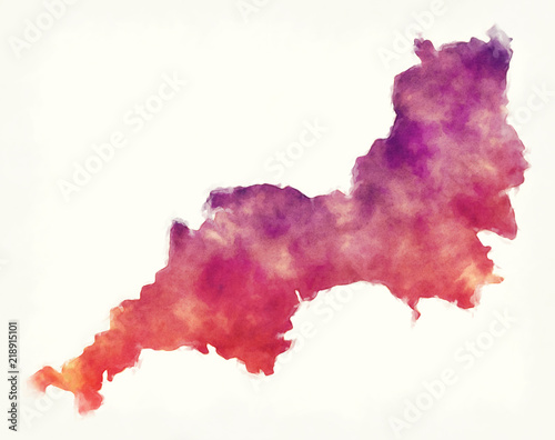 South West England UK watercolor map in front of a white background photo
