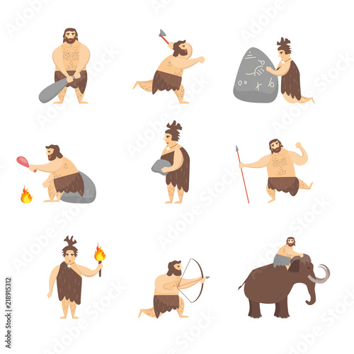 Cartoon Characters Caveman Cute People Set. Vector