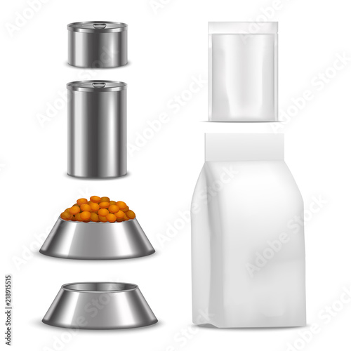 Realistic Detailed 3d Blank Dog Food Pack, Can and Bowl Template Mockup Set. Vector