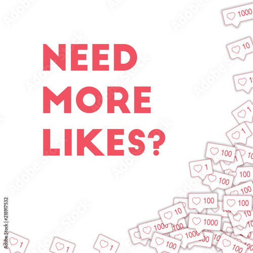 Social media icons. Need more likes concept. Falling pink like counter. Glamorous abstract right bot