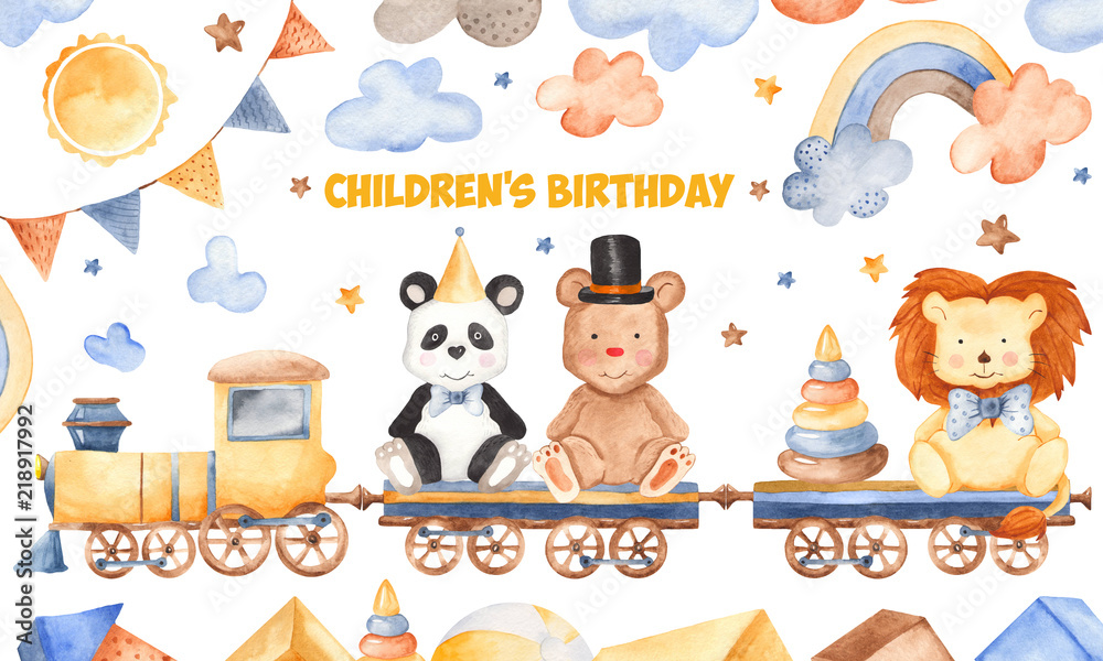 Watercolor card for children's birthday. Illustration with cartoon animals, train, toys, flags, clouds. Perfect for children's birthday, children's show, invitations, postcards, logos. Stock Illustration | Adobe Stock Watercolor card for children's birthday. Illustration with cartoon animals, train, toys, flags, clouds. Perfect for children's birthday, children's show, invitations, postcards, logos. Stock Illustration | Adobe Stock