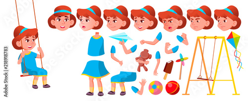 Girl Kindergarten Kid Vector. Animation Creation Set. Face Emotions, Gestures. Emotional Character Playing. Playground. For Banner, Flyer, Web Design. Animated. Isolated Cartoon Illustration