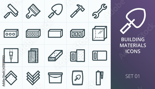 Building materials icons set. Set of building tools, construction blocks and bricks, drywall, cement, sealant glue, stone wool icons.