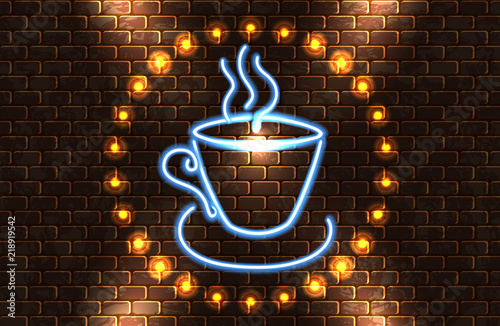Neon signboard with coffee cup and inscription "Coffee time" on brick wall  for advertising cafe  in retro style