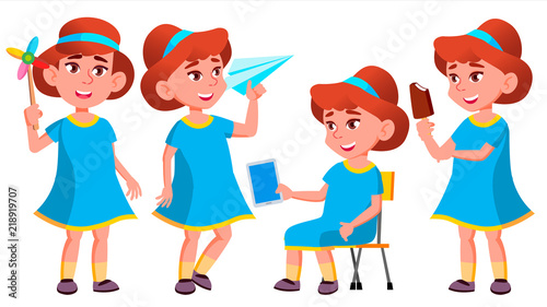 Girl Kindergarten Kid Poses Set Vector. Little Children. Happiness Enjoyment. For Web, Brochure, Poster Design. Isolated Cartoon Illustration
