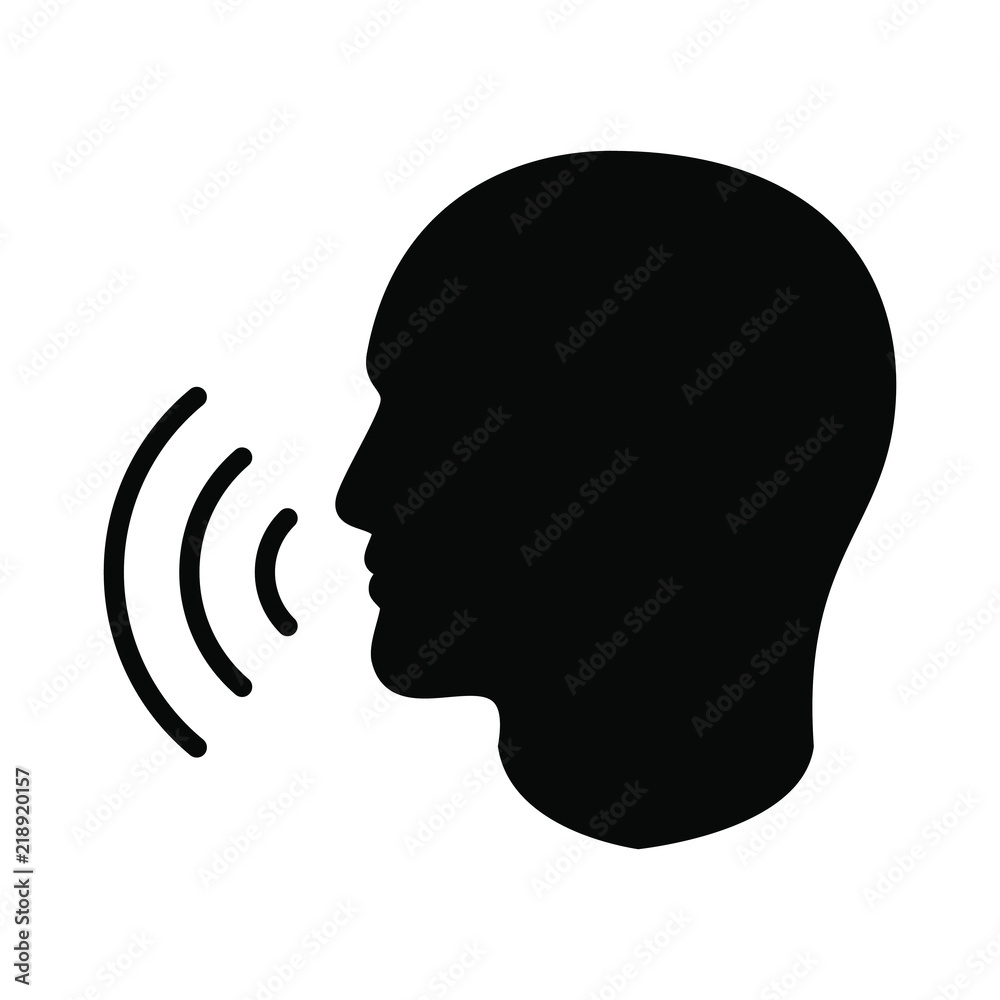 Icon talking head with sound waves. Sign speaking man. Black symbol