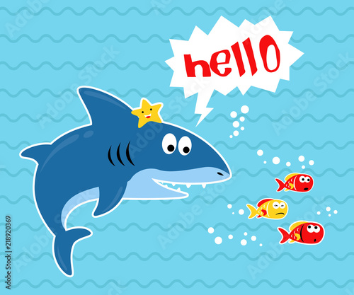 Vector illustration of big shark cartoon with little fishes.