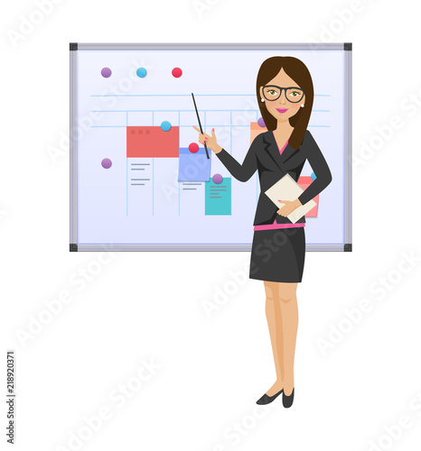 Businesswoman girl with pointer, documents in hands, near magnetic board.